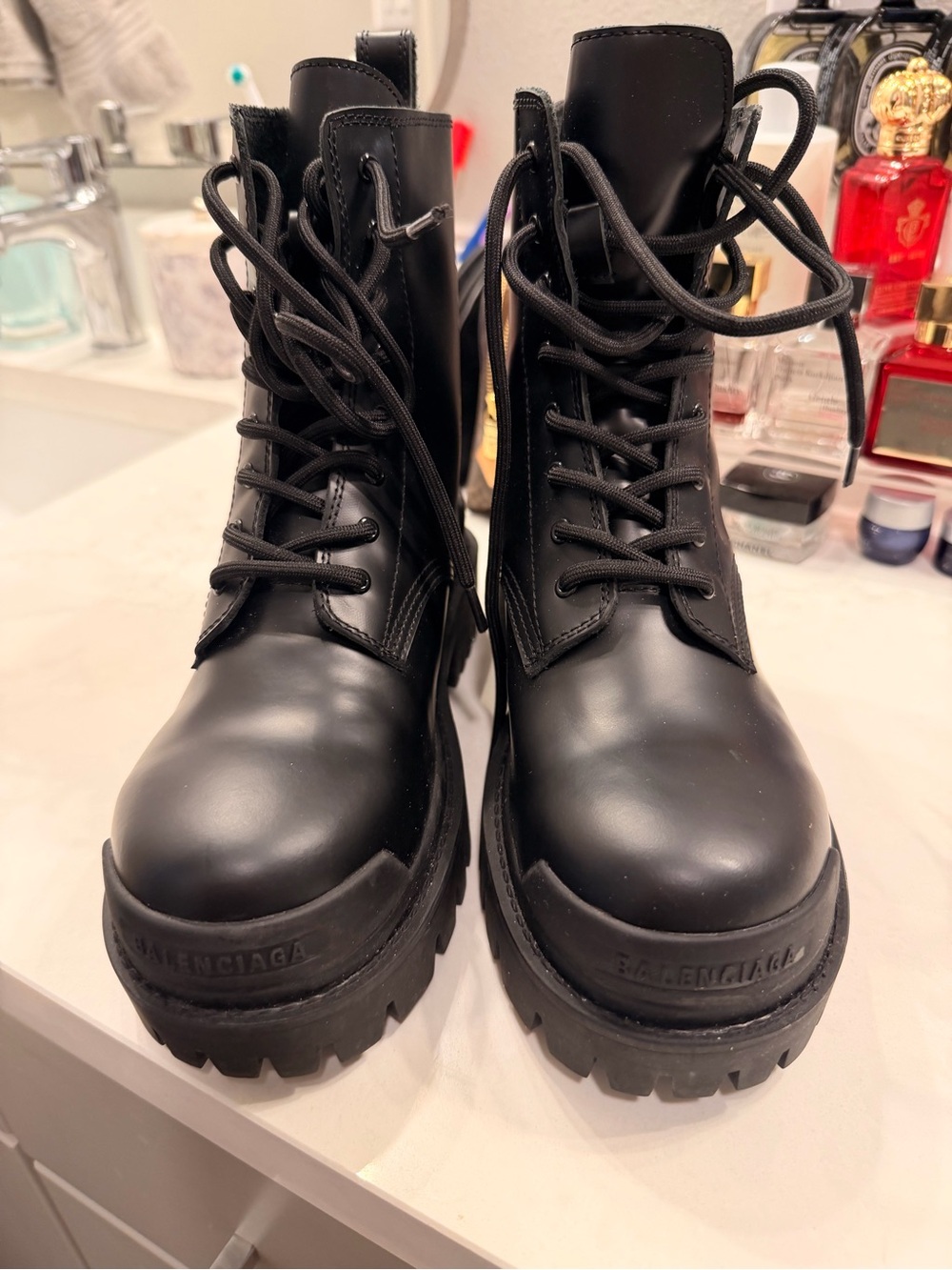 Balenciaga Women's Black Leather Lug Combat Boots